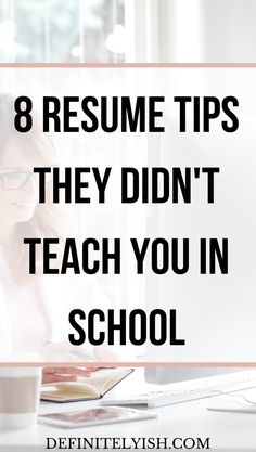 a woman sitting in front of a computer with the words 8 resume tips they didn't teach you in school