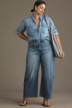 New Today: Clothing & Accessories | Anthropologie Plus Size French Style, Curvy Winter Outfits, Weekend Outfit Fall, How To Style Wide Leg Jeans, Style Wide Leg Jeans, Barrel Jeans, Sports Banquet, Wide Leg Jeans Outfit, Plus Size Chic