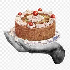 a hand holding a cake with cherries on top