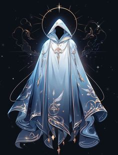 a blue cloak with an angel on it and stars in the night sky behind it