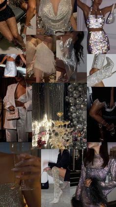 the collage shows many different styles of clothing and accessories, including dresses, heels, shoes