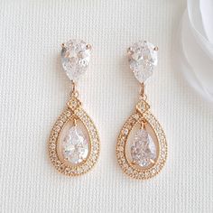 Rose Gold Crystal Drop Earrings- Sarah - PoetryDesigns Gold Drop Earrings Wedding, Rose Gold Bride, Teardrop Earrings Gold, Rose Gold Bridal Earrings, Rose Gold Drop Earrings, Crystal Earrings Wedding, Crystal Bridal Earrings, Bridal Earrings Drop, Gold Bridal Earrings