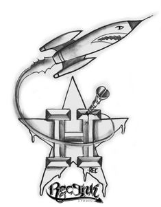 a black and white drawing of a rocket ship