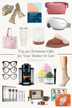 the top 50 christmas gifts for your mother in law is featured on this page with text overlay