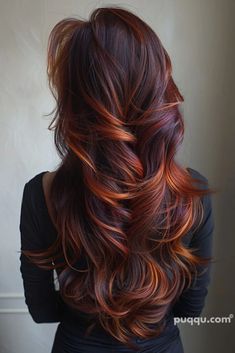 Fire Hair Balayage, Hair Color Ideas For Brunettes With Purple Highlights, Red Color On Brown Hair, Multi Dimensional Dramatic Hair, Red Hair With Deminsion, Full Color Hair Ideas Brown, Red And Brown Ombre Hair, Fox Hair Color Style, Ombre Hair Color Red