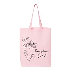 "You Grow Girl Tote Bag, Inspirational Tote, Friendly Bag, Plant Lady, Shopping Bag, Plant Lover Gift, Market Bag, Cotton Bag, Gift For Her 6.0 oz., 100% cotton 20\" self-fabric handles 9\" handle drop Bottom gusset 15\"W x 16\"H x 3\"D" Pink Shoulder Bag For Everyday Use On Mother's Day, Pink Shoulder Bag For Mother's Day, Pink Shoulder Bag For Everyday And Mother's Day, Pink Shoulder Bag For Everyday Use, Pink Rectangular Shoulder Bag For Mother's Day, Mother's Day Pink Rectangular Shoulder Bag, Pink Tote Bag For Mother's Day, Large Capacity Pink Bag For Gift, Pink Gift Bag Shoulder Bag For Mother's Day