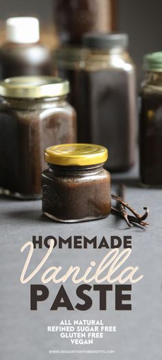 homemade vanilla paste in jars on a table with text overlay that reads homemade vanilla paste