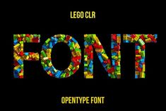 the word font is made up of legos and letters that are all different colors