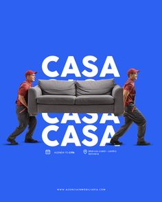 two men walking past a couch with the words casa caasa in white on a blue background