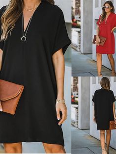 Women's Casual Dress Summer Dress Plain Dress Mini Dress Ruched Work Street Date Streetwear V Neck Short Sleeve Regular Fit Black White Yellow Color S M L XL 2XL Size Chiffon Jumpsuit, Loose Dresses, Matching Patterns, Solid Color Dress, Asymmetrical Skirt, Loose Dress, Everyday Dresses, Types Of Skirts, Summer Dresses For Women