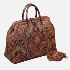 Damask D. Brown Mary Poppins Weekender Carpetbag of America Elegant Brown Duffle Bag With Double Handle, Elegant Tapestry Shoulder Bag With Leather Handles, Elegant Tapestry Bag With Leather Handles, Luxury Tapestry Bags For Formal Occasions, Formal Tapestry Bags With Detachable Handle, Elegant Tapestry Tote Bag, Luxury Tapestry Satchel, Elegant Tapestry Bag For Daily Use, Luxury Brown Satchel With Adjustable Handle