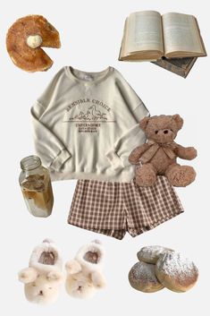 Coquette Boy Outfit, Sleep Outfit Aesthetic, Cottagecore Pajamas, Sleepy Clothes, Bear Aesthetic, Pajamas Aesthetic, Comfy Pajamas