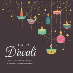 happy diwali greeting card with candles and stars on the dark purple background illustration