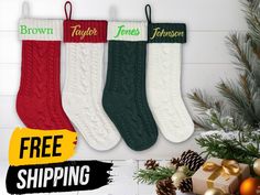 three christmas stockings with free shipping on the front and side, hanging from a tree