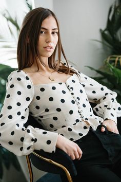 Chic Fitted Blouse With Covered Buttons, Fitted Tops With Ruffle Hem For Fall, Trendy Fitted Tops With Ruffle Hem, Fitted Blouse With Button Closure For Day Out, Fitted Workwear Top With Ruffle Hem, Polka Dot Long Sleeve Tops With Button Closure, Casual Long Sleeve Blouse With Covered Buttons, Fitted Puff Sleeve Blouse With Button Cuffs, Fitted Long Sleeve Polka Dot Blouse