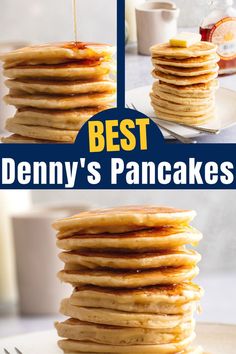 pancakes stacked on top of each other with syrup being drizzled over them