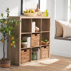 a shelf with baskets and lemons on it