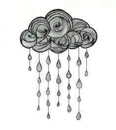 a black and white drawing of a cloud with raindrops hanging from it's sides