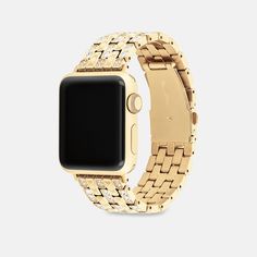 Made exclusively for use with the 38mm 40mm and 41mm Apple Watch® this dazzling gold tone link bracelet strap is etched with our Signature and detailed with pavé crystals for a sparkly touch. | Coach Apple Watch® Strap, 38 Mm, 40 Mm And 41 Mm - Women's - Gold Elegant Gold Metal Apple Watch Band, Modern Gold Diamond Watch With Bracelet Strap, Luxury Gold Diamond Watch With Stainless Steel, Luxury Gold Diamond Watch In Stainless Steel, Luxury Gold Metal Watch, Luxury Gold Metal Watch Bands, Modern Coach Gold Watch, Luxury Gold Coach Watch Accessories, Modern Gold Coach Watch