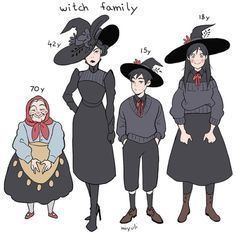 three women in black dresses and hats standing next to each other with the words witch family on