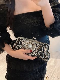 BirdinBag - Sparkling Sequin Kiss Lock Evening Bag with Floral Embroidery Ruched Bag, Fabric Frame, Frame Purse, Chain Handbag, Framed Fabric, Evening Clutch, Black Pattern, Metal Chain, Mardi Gras