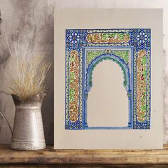 Brighten up your home with this elegant Islamic art watercolor painting. This original artwork is based on a niche from the Alhambra palace highlighted with gold watercolor and colored with organic watercolors. This is an Islamic pattern ideal for decorating homes that love Islamic art in a modern and up-to-date style, it is wall art for your living room or office that will give it an elegant touch. Gift idea for eid, birthday or other celebration The design has been hand-painted in watercolor o Arabic Mosaic, Eid Gift, Moroccan Tiles, Gold Watercolor, Islamic Pattern, Islamic Wall Art, Buy Handmade, Islamic Calligraphy, Vintage Painting