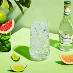 a bottle of alcohol next to a glass with ice and slices of grapefruit