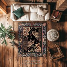 an overhead view of a living room with wood paneling