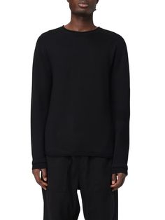 PREMIATA black wool sweater.Composition: 100% Wv Black Knit Sweatshirt With Ribbed Collar, Black Merino Wool Crew Neck Sweater, Black Wool Crew Neck Sweatshirt, Black Merino Wool Sweater For Layering, Modern Black Long Sleeve Sweater, Black Cashmere Sweater With Crew Neck, Black Crew Neck Cashmere Sweater, Black Cashmere Crew Neck Sweater, Modern Black Sweater With Ribbed Collar