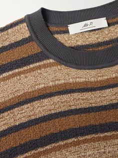 DESIGNED BY MR PORTER. Mr P.'s T-shirt is knitted with alternating, textured stripes, so it'll add interest to casual outfits. It's been made in Italy from breathable cotton and has a ringer-style collar to match the dark-grey ribbed trims. Lower Impact Materials. This product is made using at least 50% lower-impact materials or ingredients. Find out more about our Consciously Crafted criteria here. Striped Mens Shirt, Striped Graphic Print Crew Neck Shirt, Urban Striped Crew Neck T-shirt, Striped Tshirt Men, Vintage Brown Striped Sweater, Men’s Striped Sweaters, 90s Striped Cotton T-shirt, Textured Sweater, Stripes Texture