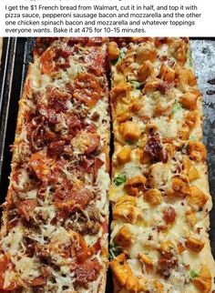 two slices of pizza sitting on top of a baking sheet with cheese and meat toppings