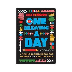 a black notebook with the words one drawing a day on it and colorful shapes around it