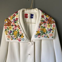 Vintage 50s/60s Lilli Ann Knit Embroided White Coat | eBay Vintage Fitted Outerwear With Shawl Collar, Fitted Vintage Outerwear With Shawl Collar, Vintage Multicolor Embroidered Outerwear For Spring, Spring Wool Outerwear With Embroidery, Fitted Embroidered Vintage Outerwear, Vintage Embroidered Formal Outerwear, Vintage Embroidered Outerwear For Formal Events, 1950s Style Long Sleeve Outerwear For Spring, Lilli Ann