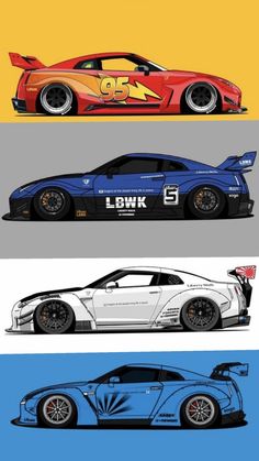 four different colored cars are shown in this graphic art printable style, each with their own color scheme