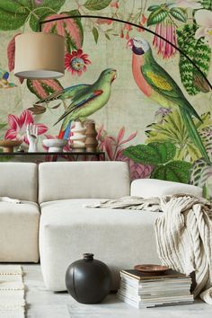 Exotic lush rainforest wallpaper with colourful parrots and flowers Rainforest Flowers, Jungle Landscape, Parrot Wallpaper, Typography Wallpaper, Paradise Wallpaper, Dream Wallpaper, Vintage Parrot, Jungle Gardens, Jungle Vibes