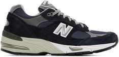 New Balance: Navy 'Made In UK' 991v1 Sneakers | SSENSE New Balance For Men, New Balance Outfit, Line Texture, Mesh Sneakers, Pig Skin, New Balance Sneaker, Style Board, Luxury Streetwear, Logo Embroidered