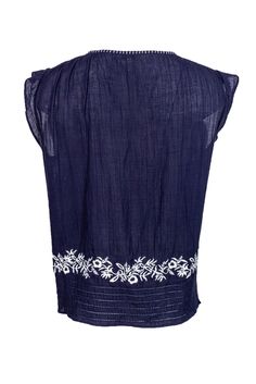 The boho chic trend just isn’t going away, and thank goodness for that — what would we do without this gorgeous little Joie top in our closet? Lightweight cotton in a navy hue is perfect for the warmer seasons, while pretty embroidered flowers are sprinkled near the hem and neckline of the piece. Pair with white shorts and slip ons for a casual springtime look. Size S 100% Cotton Pull on Unlined Notch neckline Cap sleeve White floral embroidery Bust 42” Shoulder to hem 23” Navy Summer Tops For Vacation, Indigo Cotton Top With Floral Embroidery, Indigo Cotton Tops With Floral Embroidery, Navy Relaxed Fit Tops For Vacation, Chic Navy Summer Top, Navy Embroidered Cotton Tops, Indigo Bohemian Cotton Top, Bohemian Style Indigo Top With Relaxed Fit, Bohemian Indigo Cotton Top