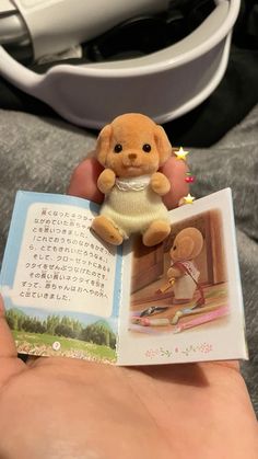 a small teddy bear holding an open book in it's left hand, with chinese characters on the pages