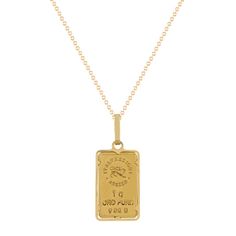 This lovely ingot pendant has 1 gram of 24 karat yellow gold in the center of the piece and the frame and bail are crafted from quality 14 karat yellow gold. This piece hangs from a 22-inch adjustable cable chain and is secured with a lobster clasp. Yellow Gold Engraved Rectangular Pendant Necklace, Classic Hallmarked Necklace With Rectangular Pendant, Classic Gold Necklace With Large Pendant, Classic Gold Necklaces With Large Pendant, Yellow Gold Necklace With Rectangular Pendant, Gold Necklace With Square Pendant And Polished Finish, Classic Gold Necklace With Rectangular Pendant, Gold Rectangular Pendant Jewelry Stamped 14k, Gold Square Pendant Jewelry With Polished Finish