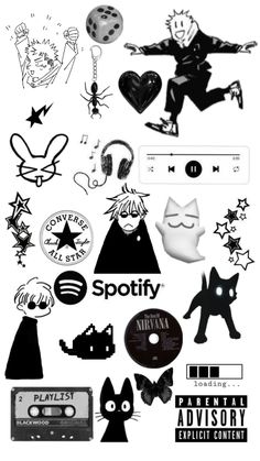 various black and white stickers on a white background