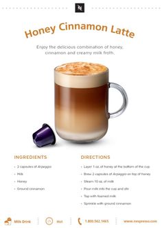 a coffee cup with cinnamon latte in it and instructions to make the best drink