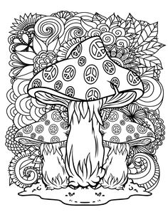 a black and white drawing of a mushroom in the middle of a forest with lots of leaves