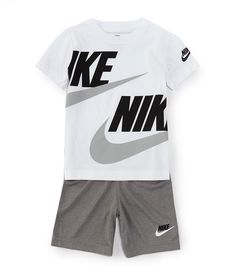 From Nike&#x2C; this 2-piece set features:T-shirt:2-short sleeve T-shirtCrew neckShort sleeves; Nike logo and Swoosh design trademark on the left Wraparound Nike logo and Swoosh design trademark on the frontShorts:Tricot shorts Elastic waistNike logo and Swoosh design trademark on the left legPull-on constructionCare:T-shirt of cotton jerseyshorts of polyester TricotMachine wash/tumble dryImported. Sporty Graphic Print Playwear Set, Sporty Graphic Print Sets For Playwear, Sporty Playwear Set With Graphic Print, Cotton Sports Sets In Short Style, Cotton Sports Set With Shorts, Sporty White Sets With Graphic Print, Sporty White Graphic Print Sets, Nike Summer Sets With Short Sleeves, White Sportswear Tops For Play