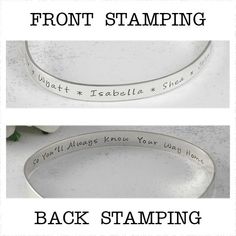 This item has endless possibilities. You can put your favorite saying, verse, quotes, roman numerals, inspirational words or family name. You can use it as an memory bracelet or the inspirational one. Now engrave in your handwriting.How to Personalize? Font - Angelina, Script or Typist? 1. Inscription for front/outside (each line 62 character incl. spaces) 2. Inscription for back/inside (each line 62 character incl. spaces) Adding design stamp-> Text (Design #49) Text (Design #50) Text e.g. O Name Rings Silver, Memory Bracelet, Memorial Bracelet, Family Jewellery, Gold Name Necklace, Jewelry Care Instructions, Mother Birthday Gifts, Design Stamps, Monogram Necklace