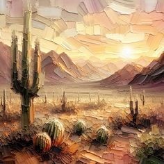 an abstract painting of desert landscape with cactus trees and mountains in the background at sunset