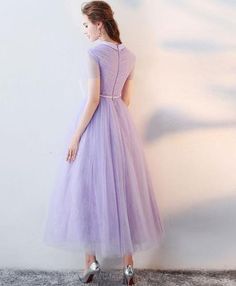 Beautiful Light Purple Tea Length Wedding Party Dress, Lace Short Slee – BeautyDressy Short Sleeve Prom Dresses, Prom Dress Tulle, High Neck Prom Dress, Gonna In Tulle, Tea Length Wedding, Lace Summer Dresses, 60's Dress, Tulle Sleeves, Lace Prom Dress