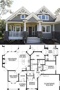 two story house plans with front porches and covered in stone, the first floor has an