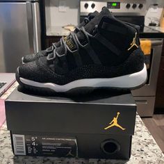 Air Jordan 11 Retro Heiress Black/Gold/White Black Jordan 11, Black Jordans, Retro 11, Air Jordan 11 Retro, Shoes Air, Jordan 11 Retro, Aesthetic Shoes, Air Jordan 11, Kids Jordans