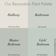 four different shades of gray paint with the words,'our renovation paint palette '