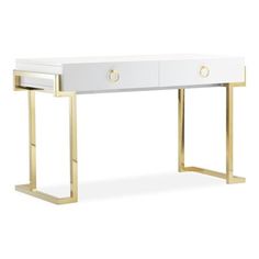 a white and gold desk with two drawers on one side, an open drawer on the other